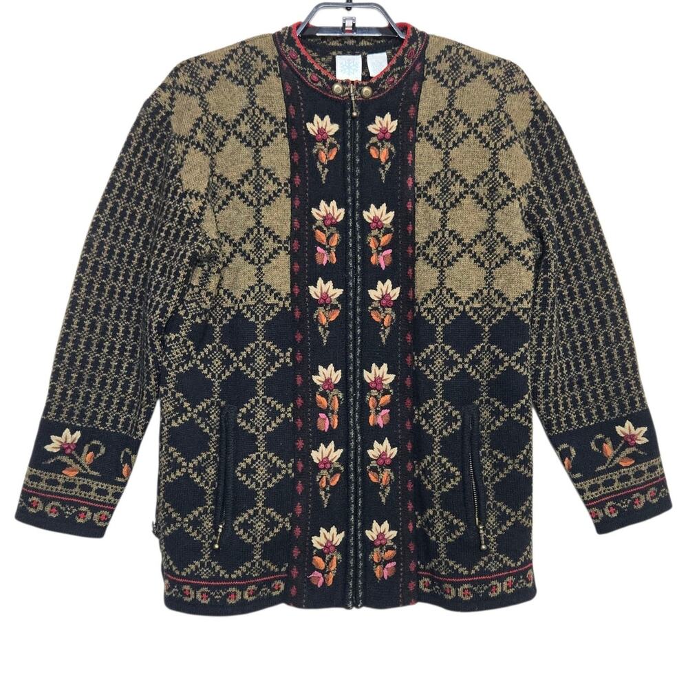 Icelandic Design Cardigan Sweater Women Size Medium Fair Isle Zip Nordic